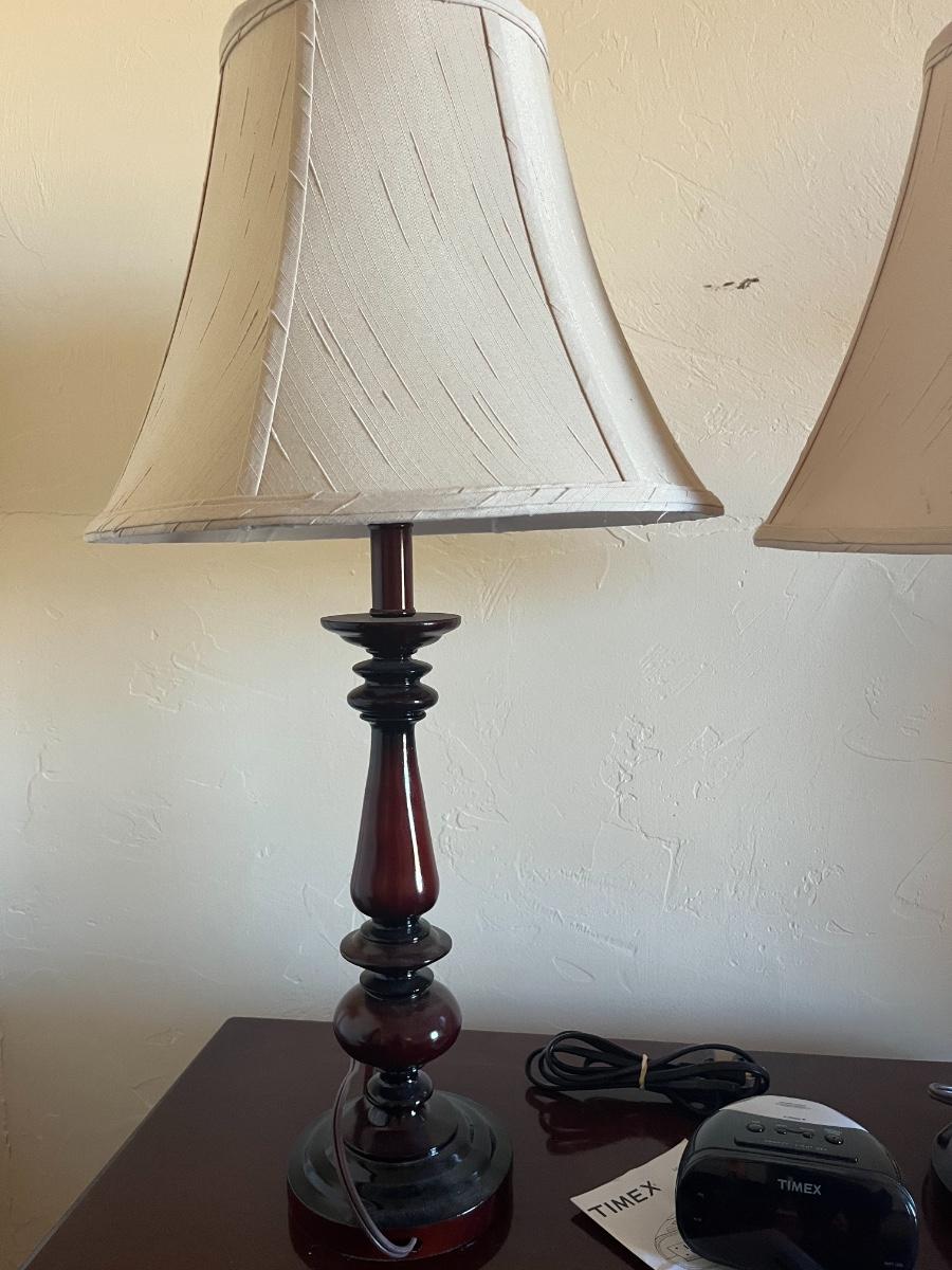 2 lamps with wood base & timex alarm clock