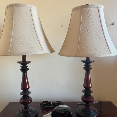 2 lamps with wood base & timex alarm clock