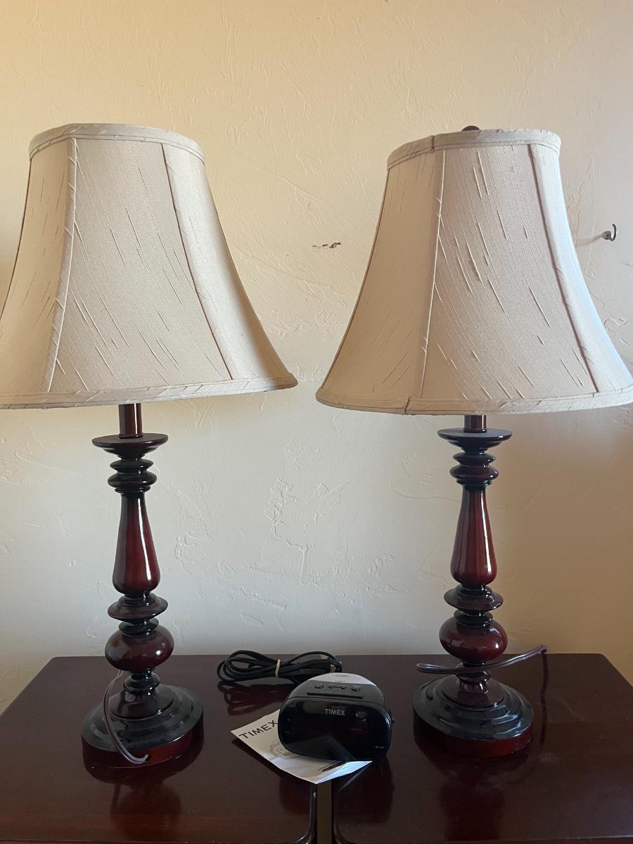 2 lamps with wood base & timex alarm clock