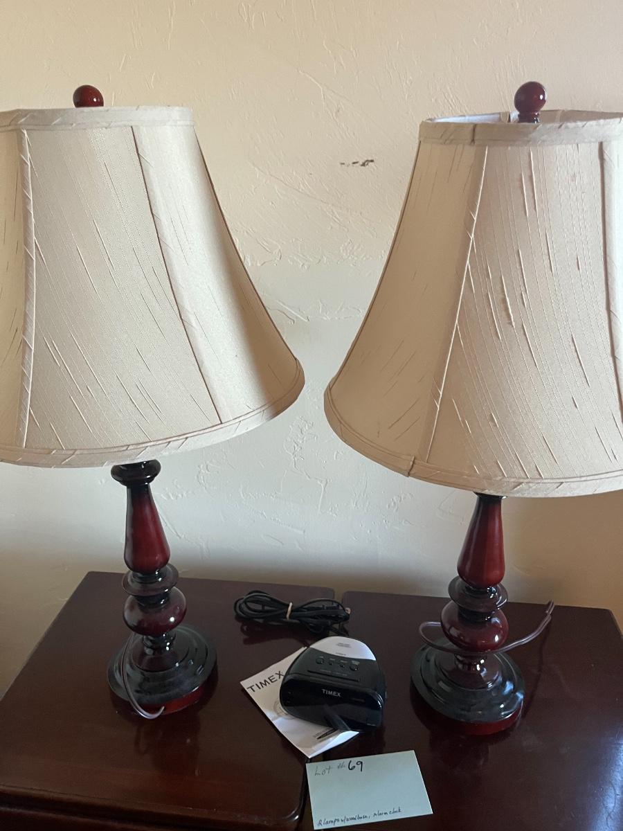 2 lamps with wood base & timex alarm clock