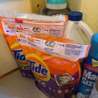 Laundry Supplies, bounce dryer sheets, stain remover, starch, laundry bag, scent boosters