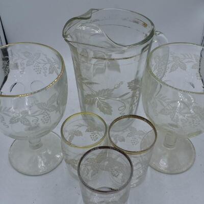 6 piece etched glass & pitcher