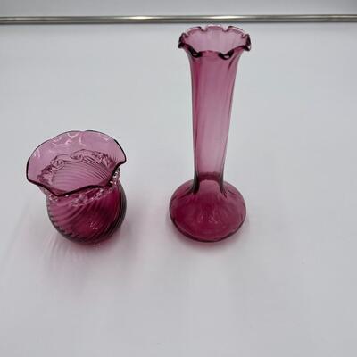 Antique Pilgrim Cranberry Blown Glass Bud Vase and Bowl
