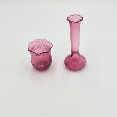 Antique Pilgrim Cranberry Blown Glass Bud Vase and Bowl