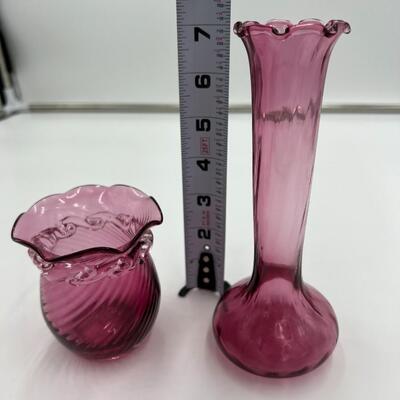 Antique Pilgrim Cranberry Blown Glass Bud Vase and Bowl