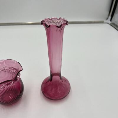 Antique Pilgrim Cranberry Blown Glass Bud Vase and Bowl