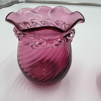 Antique Pilgrim Cranberry Blown Glass Bud Vase and Bowl