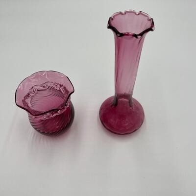 Antique Pilgrim Cranberry Blown Glass Bud Vase and Bowl