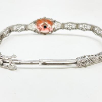 VINTAGE ESEMCO STERLING SILVER FILIGREE BRACELET W/ PEACH GLASS STONE
