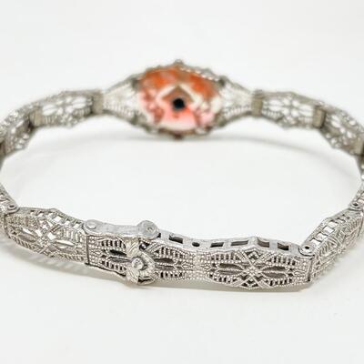 VINTAGE ESEMCO STERLING SILVER FILIGREE BRACELET W/ PEACH GLASS STONE