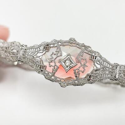 VINTAGE ESEMCO STERLING SILVER FILIGREE BRACELET W/ PEACH GLASS STONE