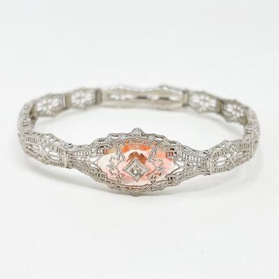 VINTAGE ESEMCO STERLING SILVER FILIGREE BRACELET W/ PEACH GLASS STONE