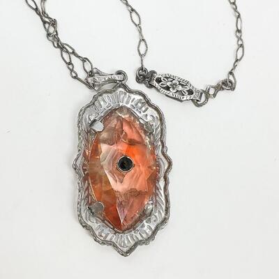 VINTAGE ESEMCO STERLING SILVER FILIGREE PENDANT W/ PEACH GLASS STONE