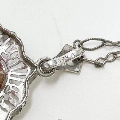 VINTAGE ESEMCO STERLING SILVER FILIGREE PENDANT W/ PEACH GLASS STONE
