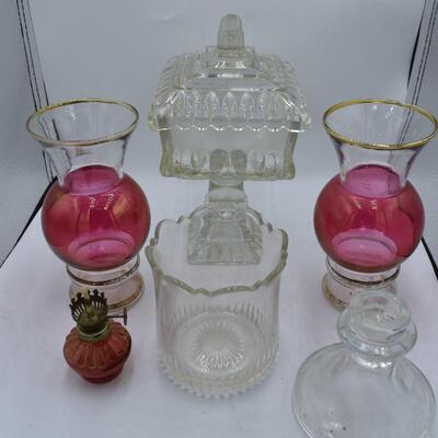 Misc glass w/ red vases