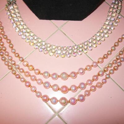 MS Vintage 1960s Costume Multi Strand Necklaces Aqua Earrings Pink Opalescent Crystals