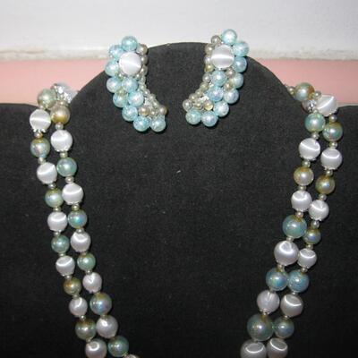 MS Vintage 1960s Costume Multi Strand Necklaces Aqua Earrings Pink Opalescent Crystals