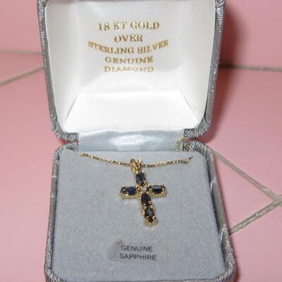 MS Sterling Silver Cross Pendant & Necklace 18KT Gold Wash Genuine Diamond & Sapphires 16