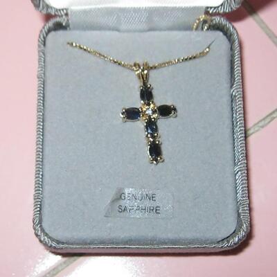 MS Sterling Silver Cross Pendant & Necklace 18KT Gold Wash Genuine Diamond & Sapphires 16