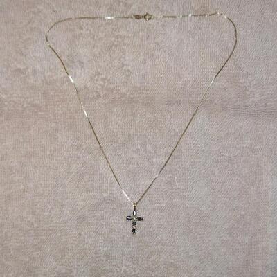 MS Sterling Silver Cross Pendant & Necklace 18KT Gold Wash Genuine Diamond & Sapphires 16"