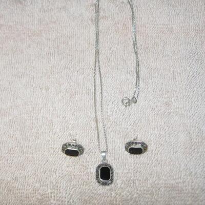MS Sterling Silver & Marcasite Pendant & Earrings 925 Pierced 18