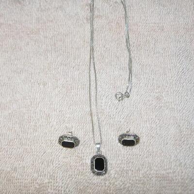 MS Sterling Silver & Marcasite Pendant & Earrings 925 Pierced 18"