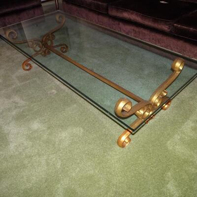 LOT  353. VINTAGE METAL AND GLASS COFFEE TABLE