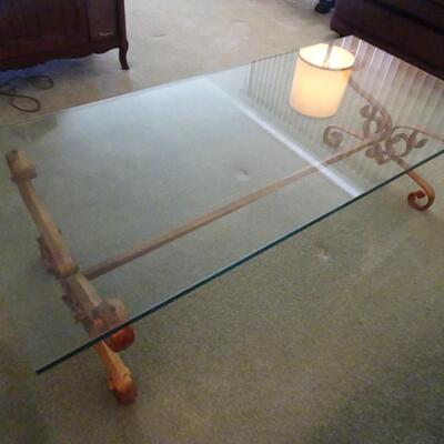 LOT  353. VINTAGE METAL AND GLASS COFFEE TABLE
