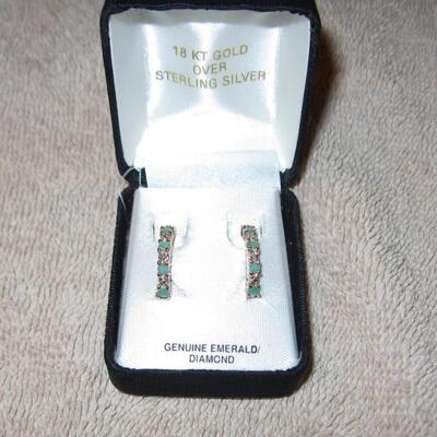 MS Sterling Silver Earrings 18KT Gold Wash Genuine Emeralds & Diamonds Pierced