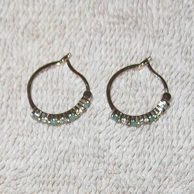 MS Sterling Silver Earrings 18KT Gold Wash Genuine Emeralds & Diamonds Pierced