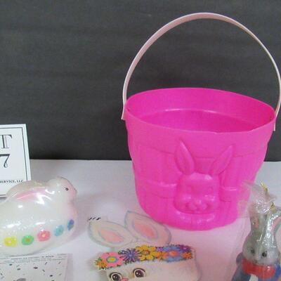 Easter Lot, Blow Mold Candy Pail, Unused Candles, Plastic Egg Candy Container, More