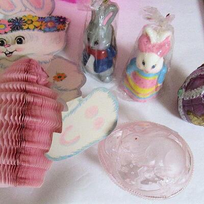 Easter Lot, Blow Mold Candy Pail, Unused Candles, Plastic Egg Candy Container, More