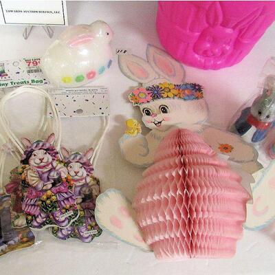 Easter Lot, Blow Mold Candy Pail, Unused Candles, Plastic Egg Candy Container, More