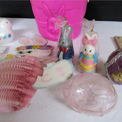 Easter Lot, Blow Mold Candy Pail, Unused Candles, Plastic Egg Candy Container, More