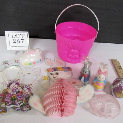 Easter Lot, Blow Mold Candy Pail, Unused Candles, Plastic Egg Candy Container, More