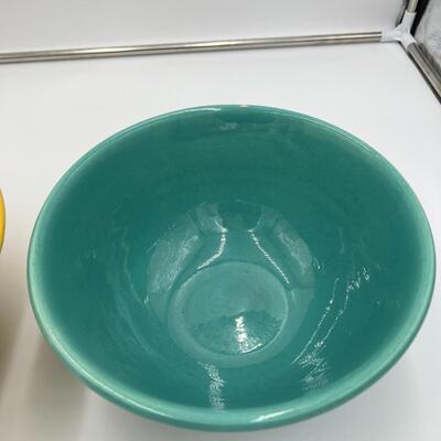 Vintage Midcentury Bauer #12 Ringware Mixing Bowls in Turquoise Blue and Yellow
