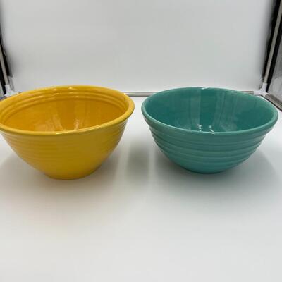 Vintage Midcentury Bauer #12 Ringware Mixing Bowls in Turquoise Blue and Yellow