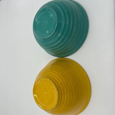 Vintage Midcentury Bauer #12 Ringware Mixing Bowls in Turquoise Blue and Yellow