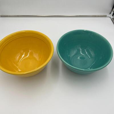 Vintage Midcentury Bauer #12 Ringware Mixing Bowls in Turquoise Blue and Yellow