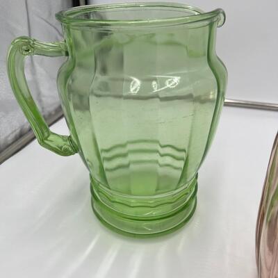 Lot of 4 Depression Glass Pieces incl 2 Open Pitchers 1 Lidded Pitcher and 1 Viking Unicorn Cruet and Salt & Pepper Set