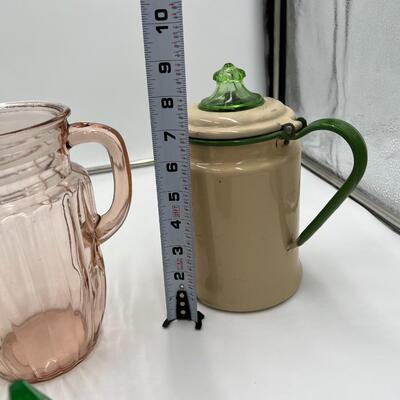 Lot of 4 Depression Glass Pieces incl 2 Open Pitchers 1 Lidded Pitcher and 1 Viking Unicorn Cruet and Salt & Pepper Set