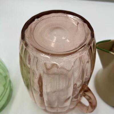 Lot of 4 Depression Glass Pieces incl 2 Open Pitchers 1 Lidded Pitcher and 1 Viking Unicorn Cruet and Salt & Pepper Set