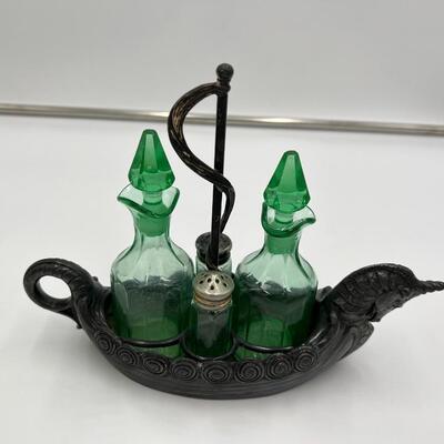 Lot of 4 Depression Glass Pieces incl 2 Open Pitchers 1 Lidded Pitcher and 1 Viking Unicorn Cruet and Salt & Pepper Set
