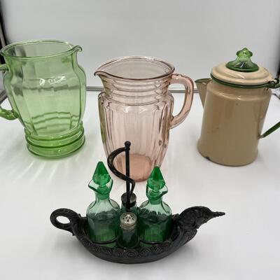 Lot of 4 Depression Glass Pieces incl 2 Open Pitchers 1 Lidded Pitcher and 1 Viking Unicorn Cruet and Salt & Pepper Set