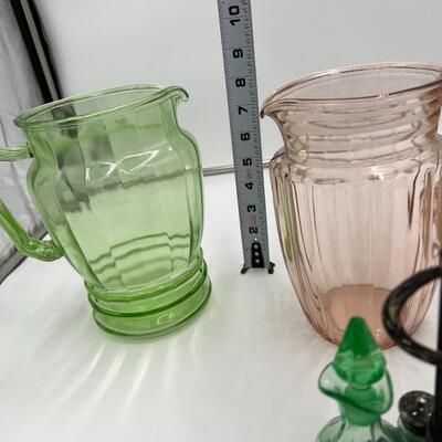 Lot of 4 Depression Glass Pieces incl 2 Open Pitchers 1 Lidded Pitcher and 1 Viking Unicorn Cruet and Salt & Pepper Set