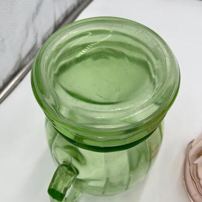 Lot of 4 Depression Glass Pieces incl 2 Open Pitchers 1 Lidded Pitcher and 1 Viking Unicorn Cruet and Salt & Pepper Set