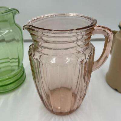 Lot of 4 Depression Glass Pieces incl 2 Open Pitchers 1 Lidded Pitcher and 1 Viking Unicorn Cruet and Salt & Pepper Set