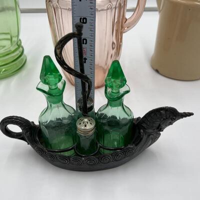 Lot of 4 Depression Glass Pieces incl 2 Open Pitchers 1 Lidded Pitcher and 1 Viking Unicorn Cruet and Salt & Pepper Set