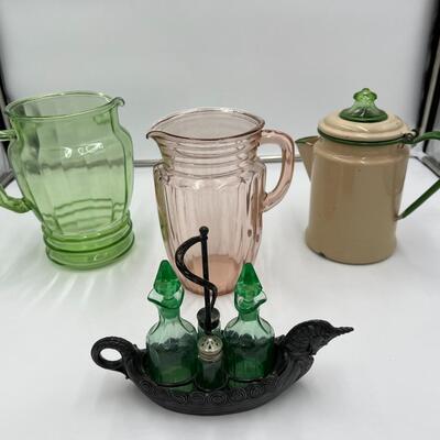Lot of 4 Depression Glass Pieces incl 2 Open Pitchers 1 Lidded Pitcher and 1 Viking Unicorn Cruet and Salt & Pepper Set