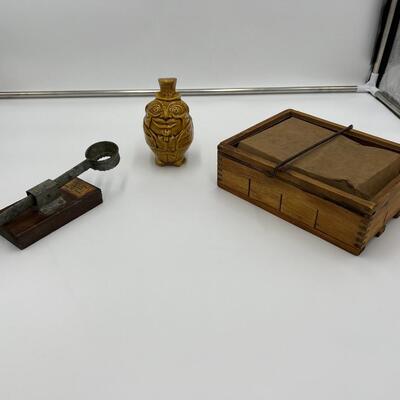 Antique Lot of 3 Egg Related Collectibles incl Primitive Egg Carrier Egg Scale and Humpty Dumpty